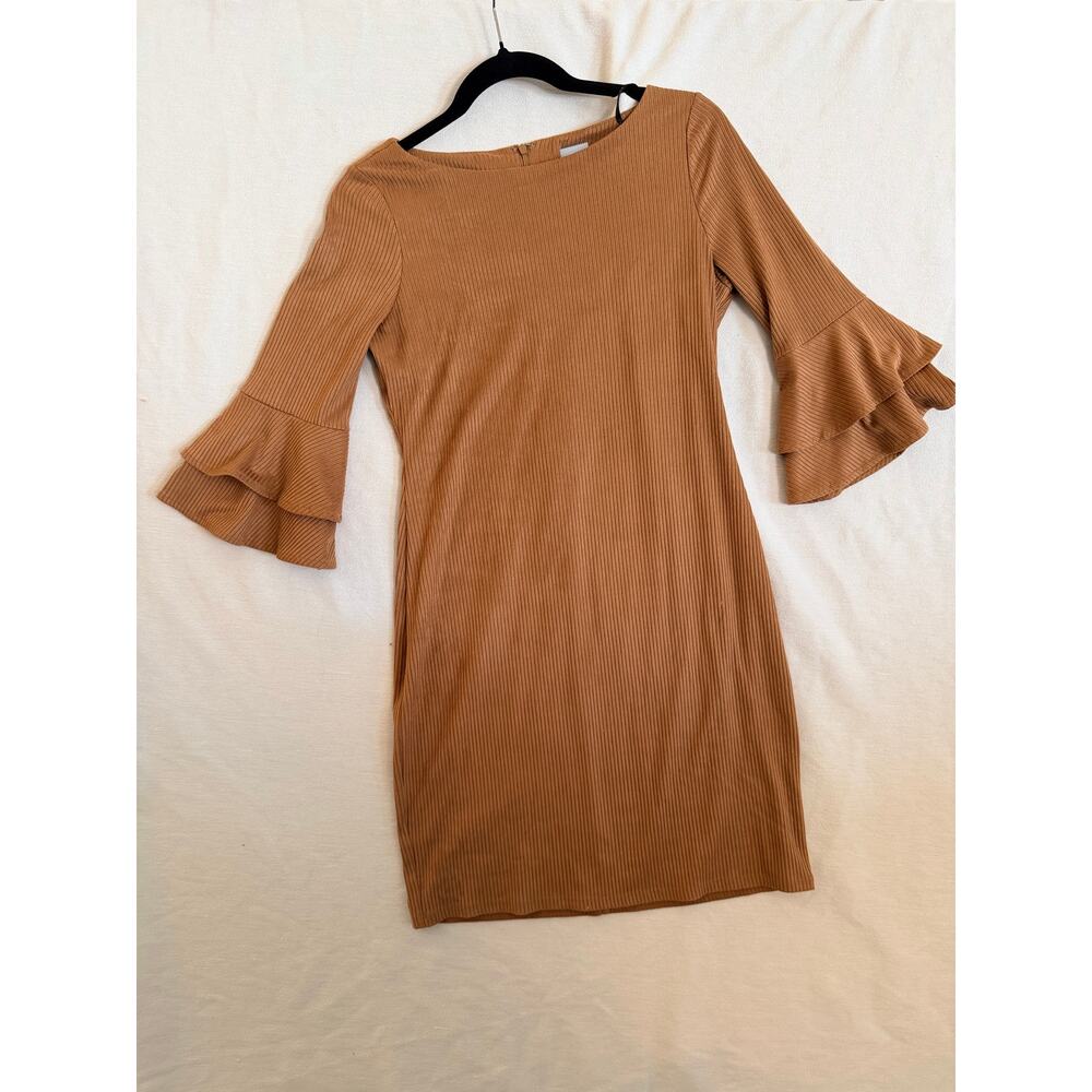 Ivanka Trump Ribbed Knit Dress Women’s Small Camel Bell Sleeve Stretch Sheath